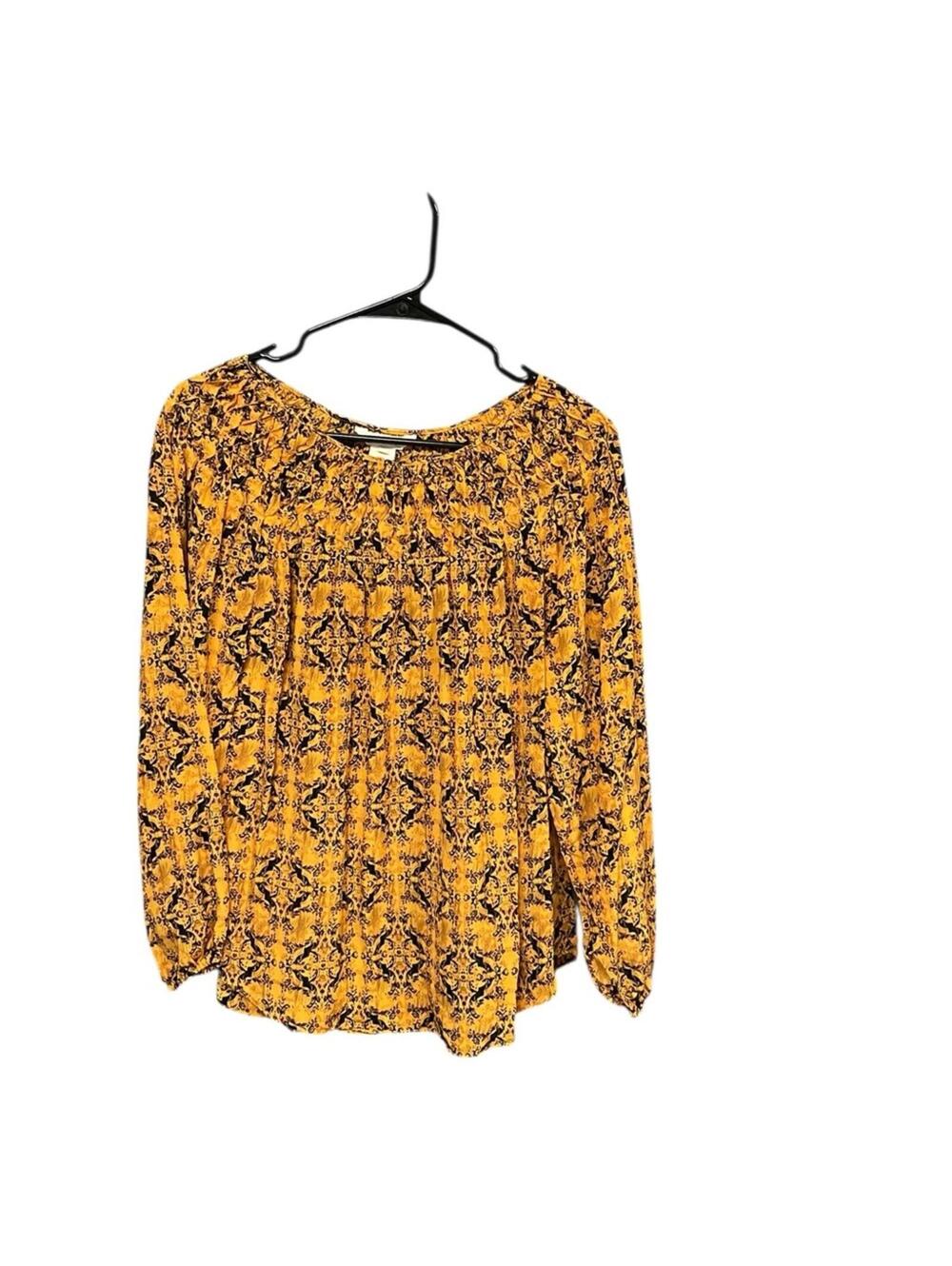 Sundance 100% Silk Blouse Women’s M Mustard Black Boho Long Sleeve Print Top